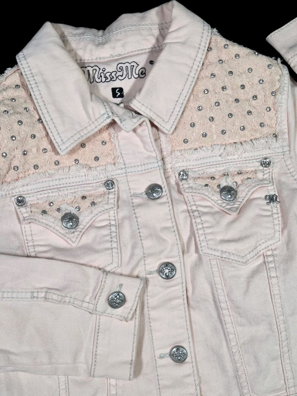 Miss Me Pink Denim Jacket Y2K Rhinestones Streetwear Cropped Cowgirl Small